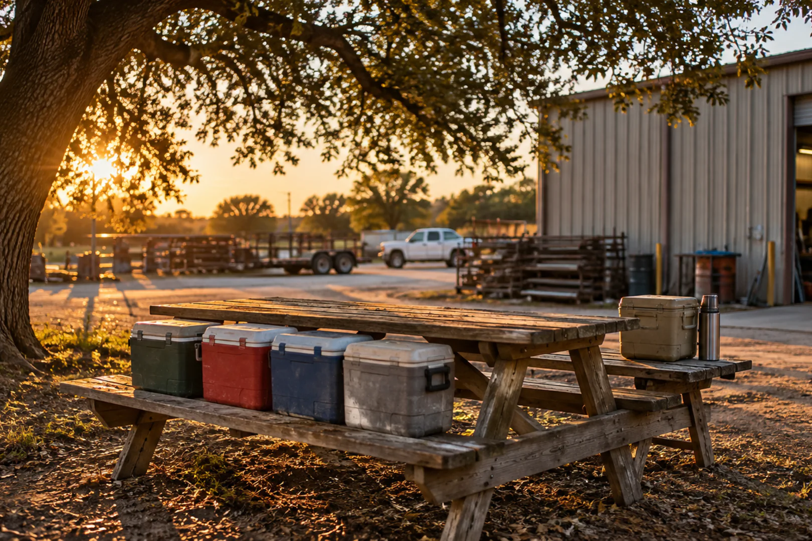 A weathered picnic table under a live oak behind a metal shop at golden hour, four lunch coolers lined up on one bench and a fifth set apart at the far end beside a thermos, DFW.