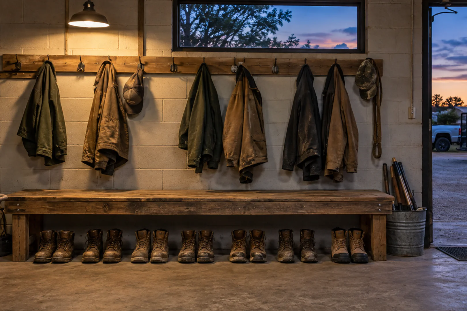 A row of worn leather work boots paired neatly under a wooden bench in a lawn care crew room at twilight, canvas jackets on hooks above and one new pair at the end, DFW.