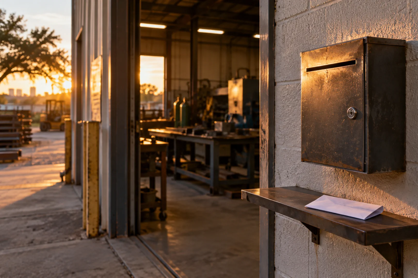 A small locked steel comment box on a painted cinder block wall beside an open shop door in golden light, a folded envelope on the shelf below, DFW.