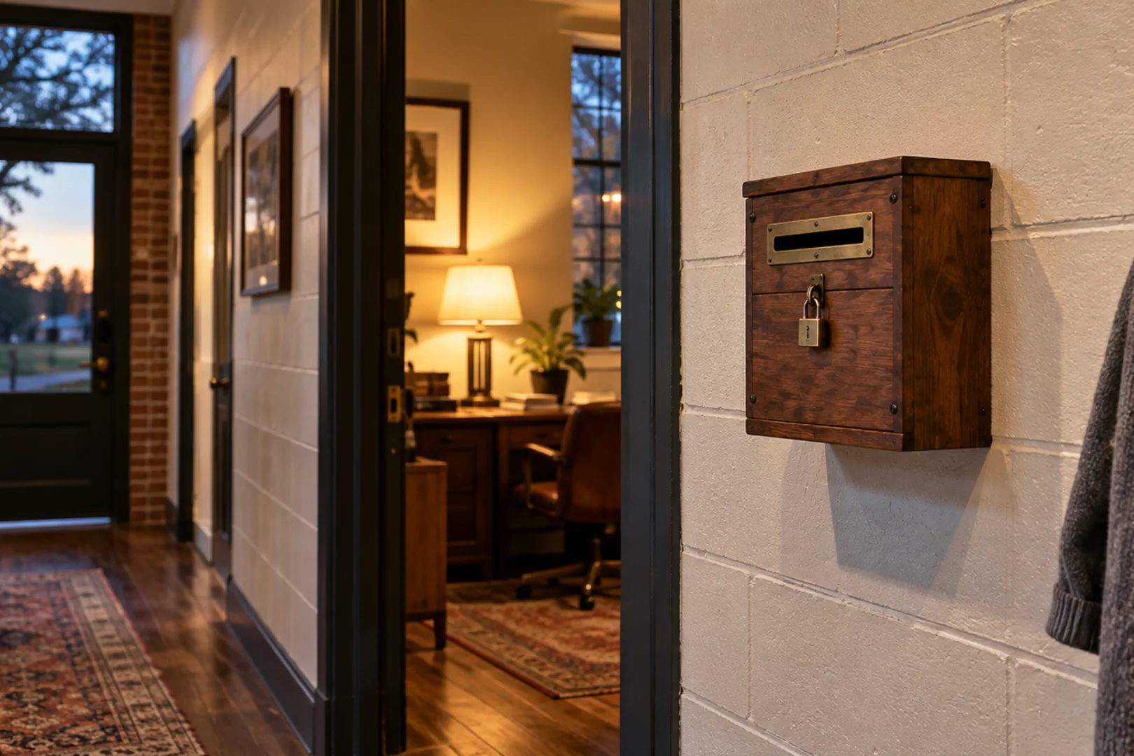 A small wooden suggestion box with a brass slot and padlock hangs on a painted cinder block hallway wall beside a lamplit doorway, DFW.