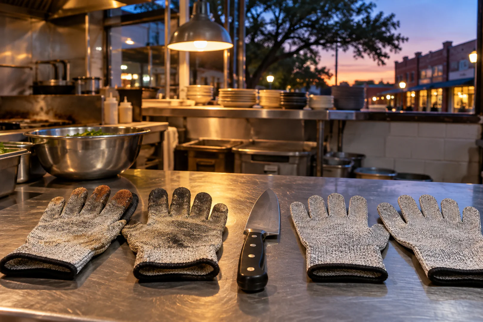 Two pairs of grey work gloves, one worn and one new, rest palm up on a stainless prep counter in a small restaurant kitchen at dusk, DFW.
