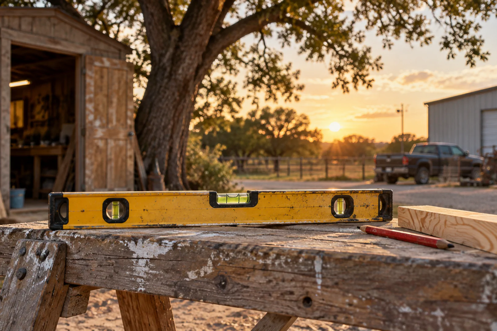 A yellow carpenter's level resting across a sawhorse beside a wooden shed under a live oak in warm late afternoon light, DFW.