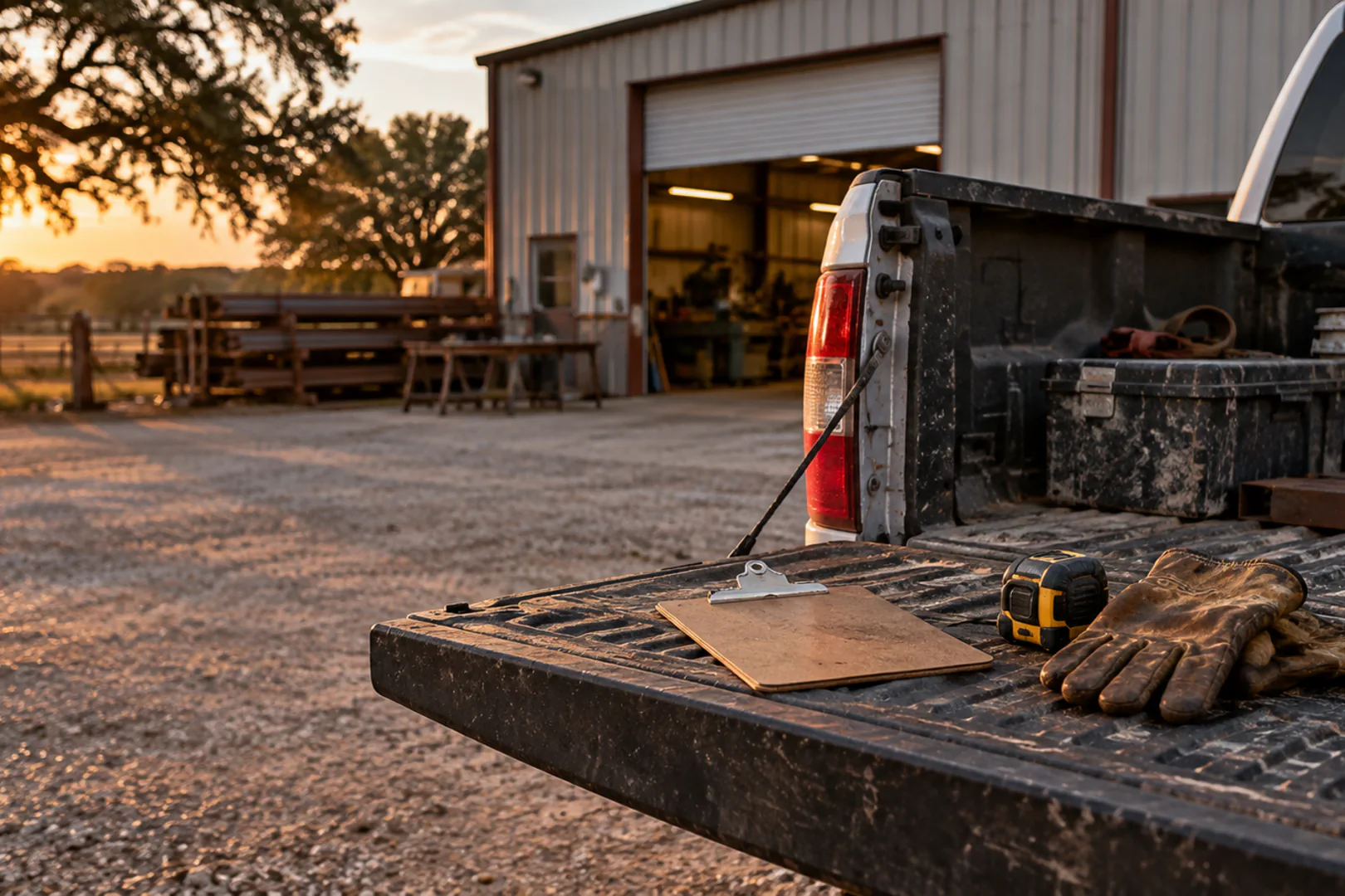 A clipboard, a tape measure and worn leather gloves on a truck tailgate in a gravel lot outside a metal shop building at sunset, DFW.