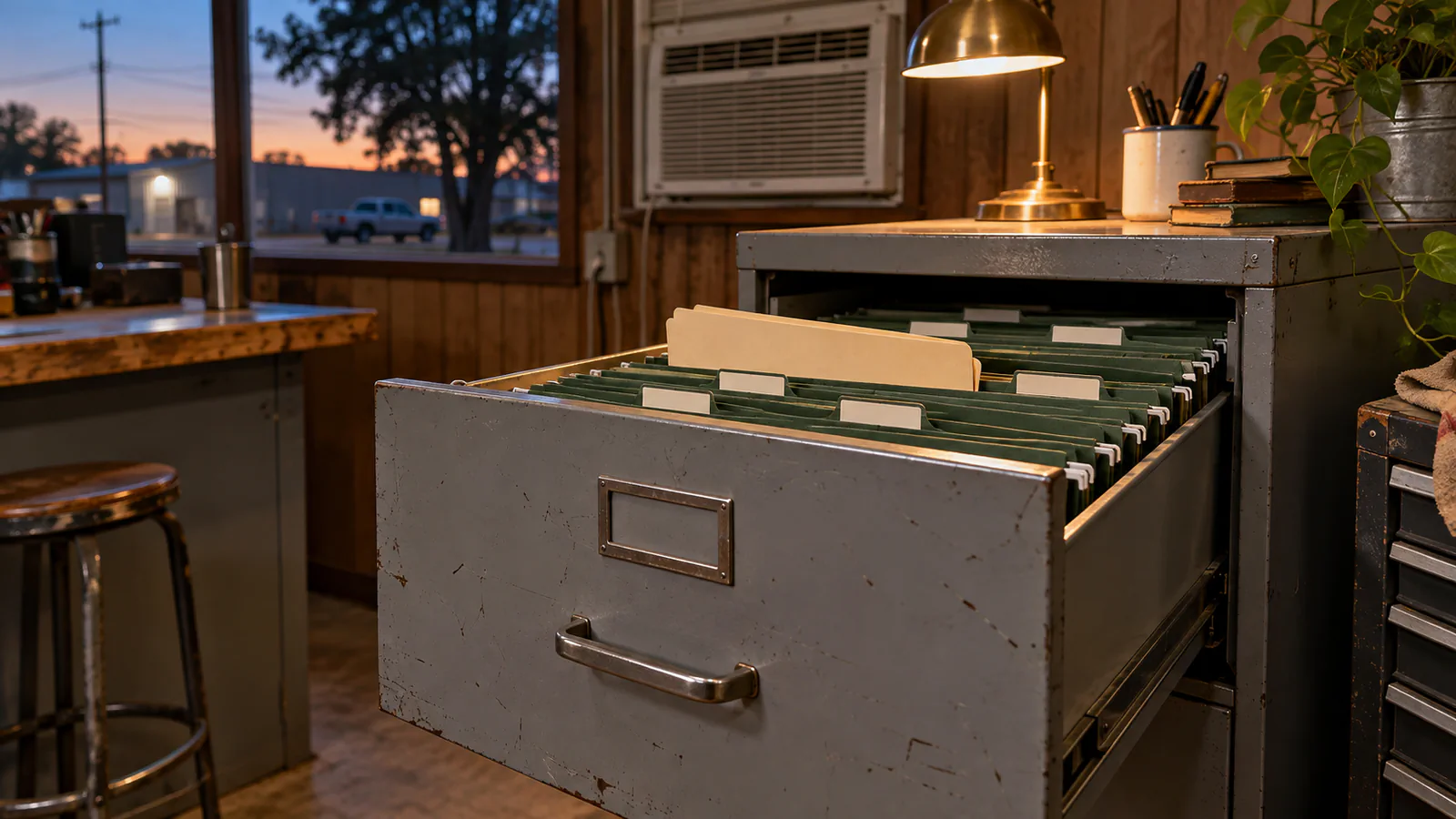 A gray steel filing drawer stands half open under a warm desk lamp, blank folder tabs in a neat row and one folder lifted just above the rest, DFW.