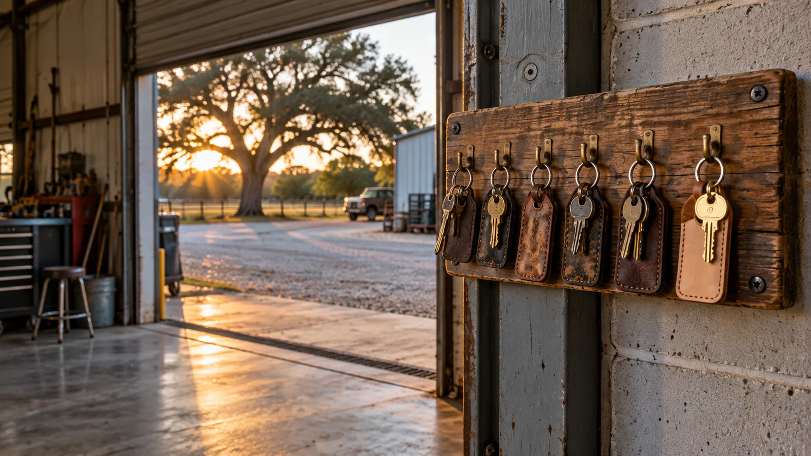 A worn key board beside an open bay door holds a row of old brass keys and one bright new key on a clean tag, late sun raking across them, DFW.