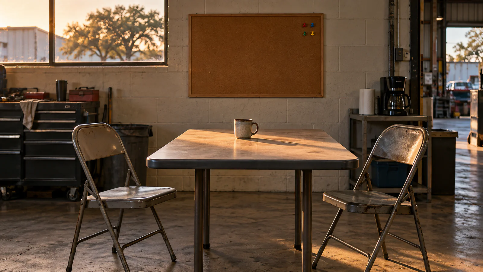 Two metal folding chairs face each other across the end of a break room table, one mug set down between them and late sun raking across the tabletop, DFW.